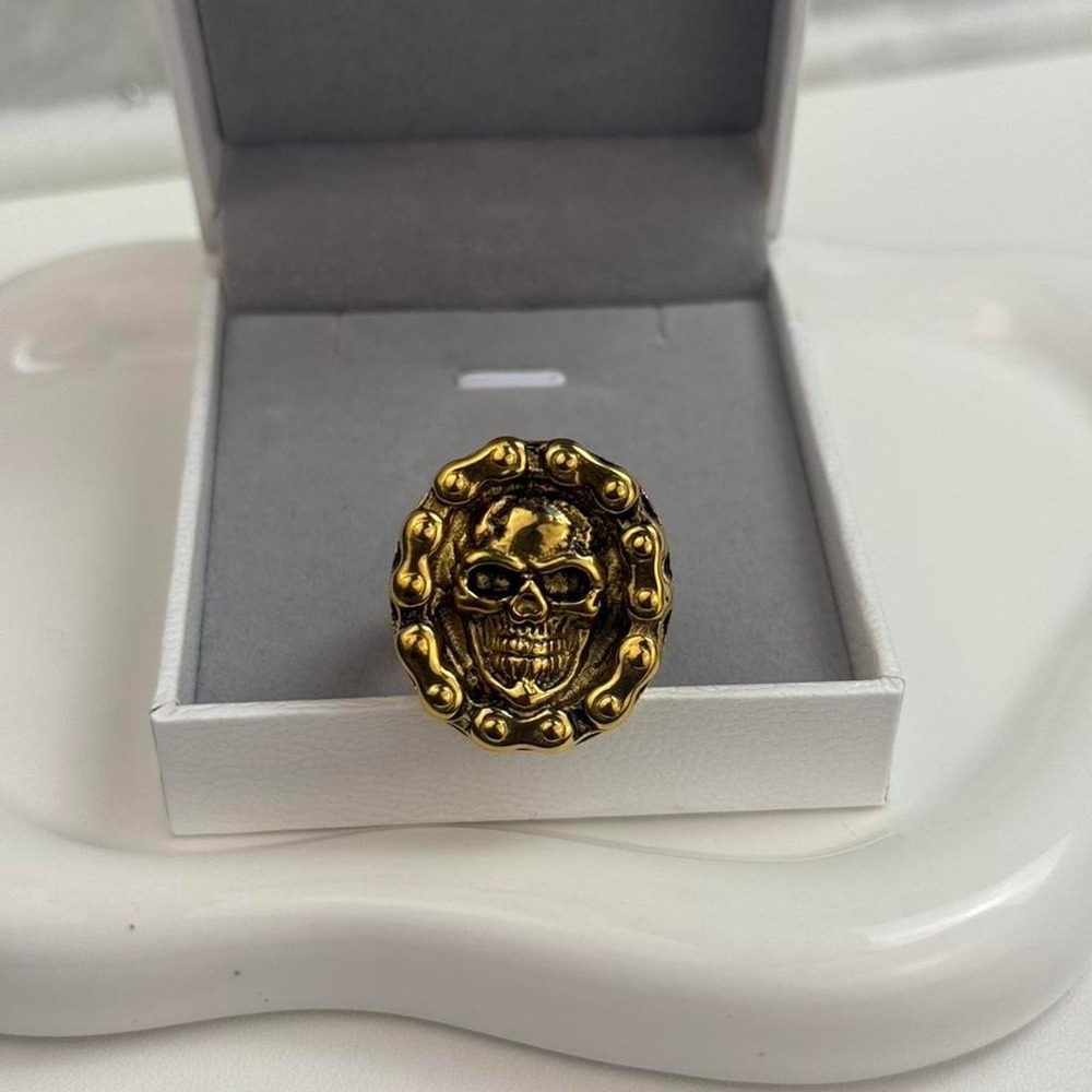 Gold Skull Statement Ring Bike Chain Border Biker Gothic Band Size 11